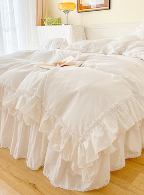 法式高档纯棉白色床单被套床上四件套100全棉网R红公主风床裙款夏