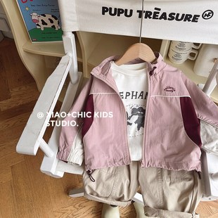 粉色控~韩版儿童春款男女童拼接外套立领冲锋衣春秋帅气风衣上衣