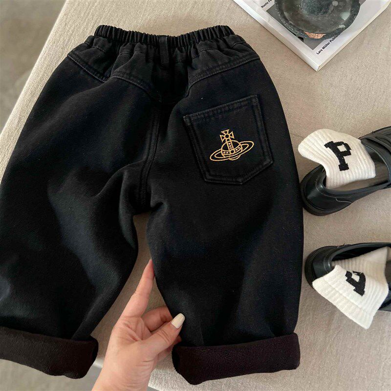 儿童休闲裤加绒男童秋冬款长裤子小童纯色直筒裤宝宝阔腿裤女洋气