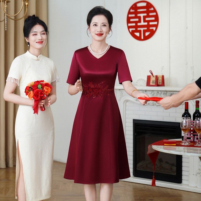 高端轻奢喜婆婆婚宴装大码显瘦遮肉A字连衣裙夏结婚妈妈礼服裙子