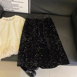 女童闪亮A字裙新款儿童韩版时尚针织毛衣宝宝洋气黑色亮片半身裙