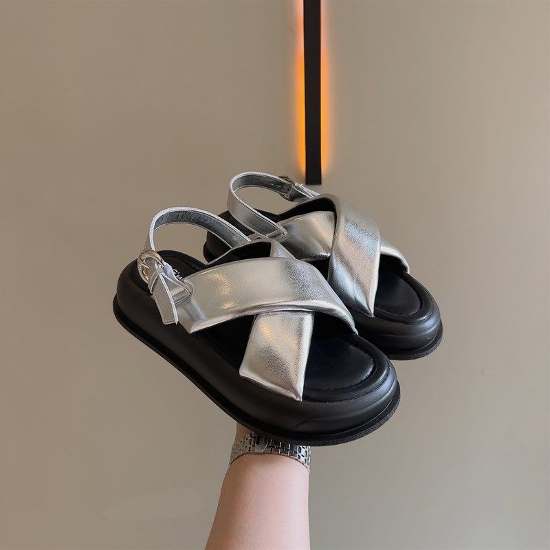 丑魅儿 一字扣露趾交叉凉鞋女2024夏季新款百搭厚底运动沙滩鞋,女鞋,罗马凉鞋,淘宝优惠券,粉丝福利购,淘宝优惠卷