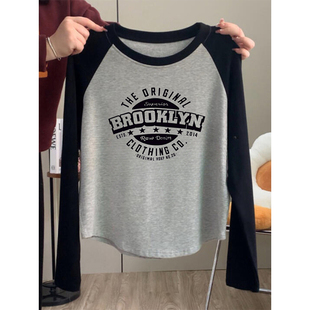 大码胖mm撞色插肩长袖t恤女早秋2024新款下摆弧形修身显瘦上衣服