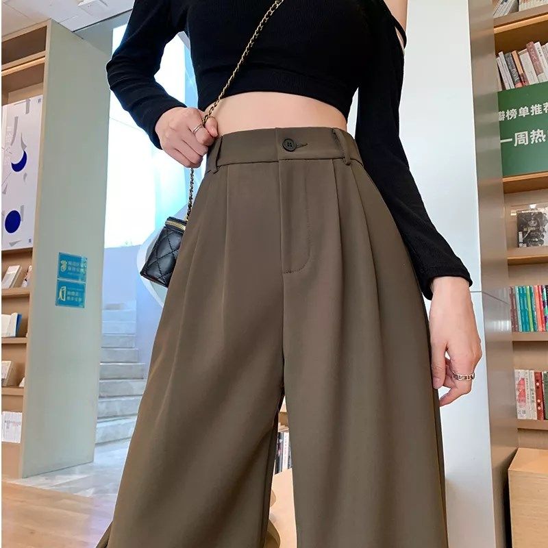 卡其色高腰阔腿裤女春秋小个子垂感直筒裤宽松显瘦休闲拖地西装裤