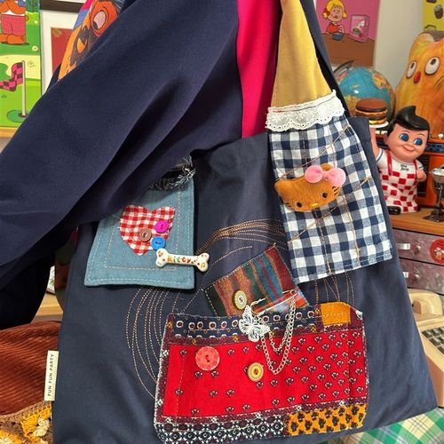 春夏新款拼接系列复古大容量帆布牛仔女包手作包包学生党上课包包