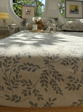 美式田园灰色小叶子纯o棉秋冬磨毛床笠床单单件1.5m全棉床垫保护