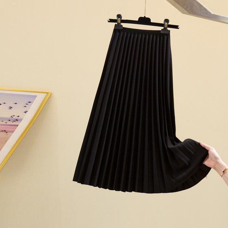 百褶半身裙大码中长款a字裙子秋冬胖m垂感显瘦松紧腰百折遮胯长裙