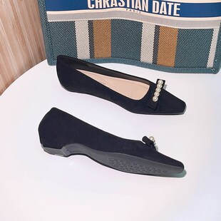 黑色绒面职业通勤工作舒适软底平底鞋女2024年新款秋冬浅口单鞋子