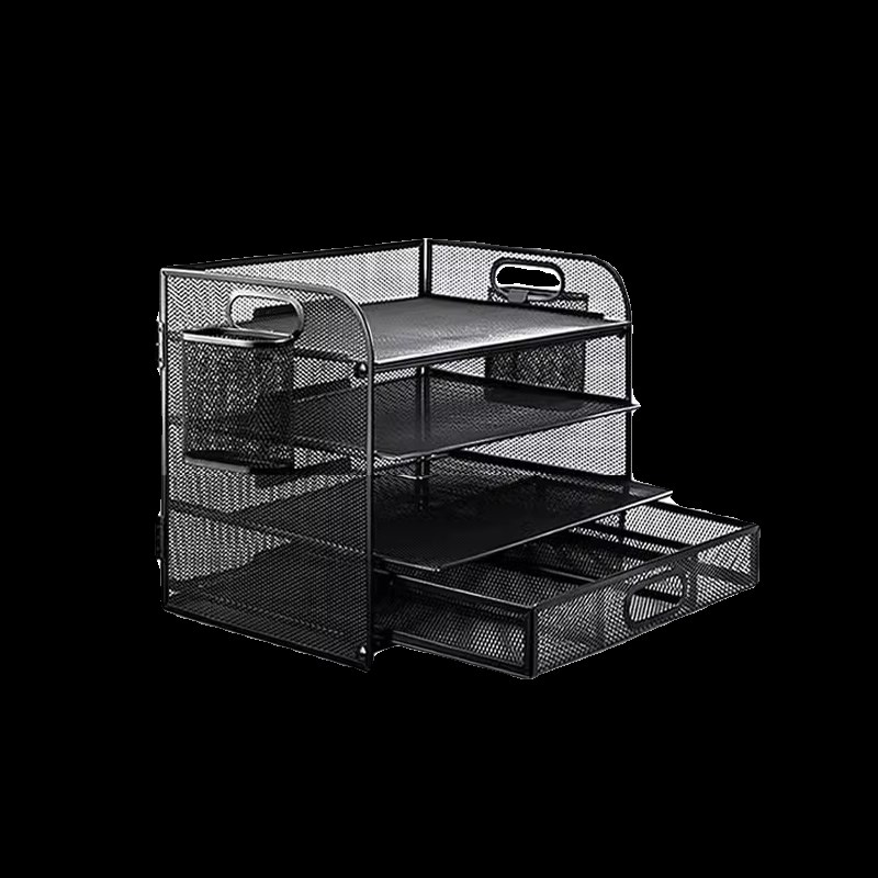 四层文件架桌面金属资料框带抽屉挂式笔筒活动层板抽拉式多功能