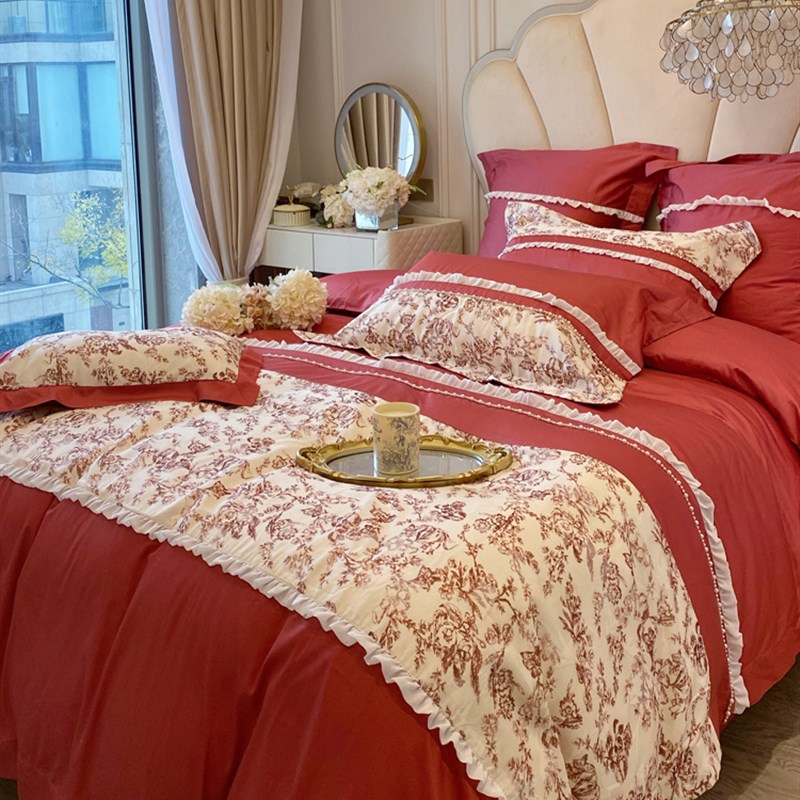 100支婚嫁长绒棉四件套红色新婚庆刺绣花床品喜被纯棉结婚床单1.8