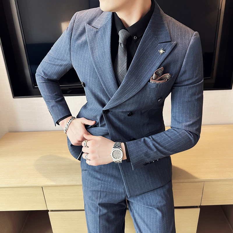 秋冬条纹西装套装男高级感双排扣商务休闲西装三件套新郎结婚礼服