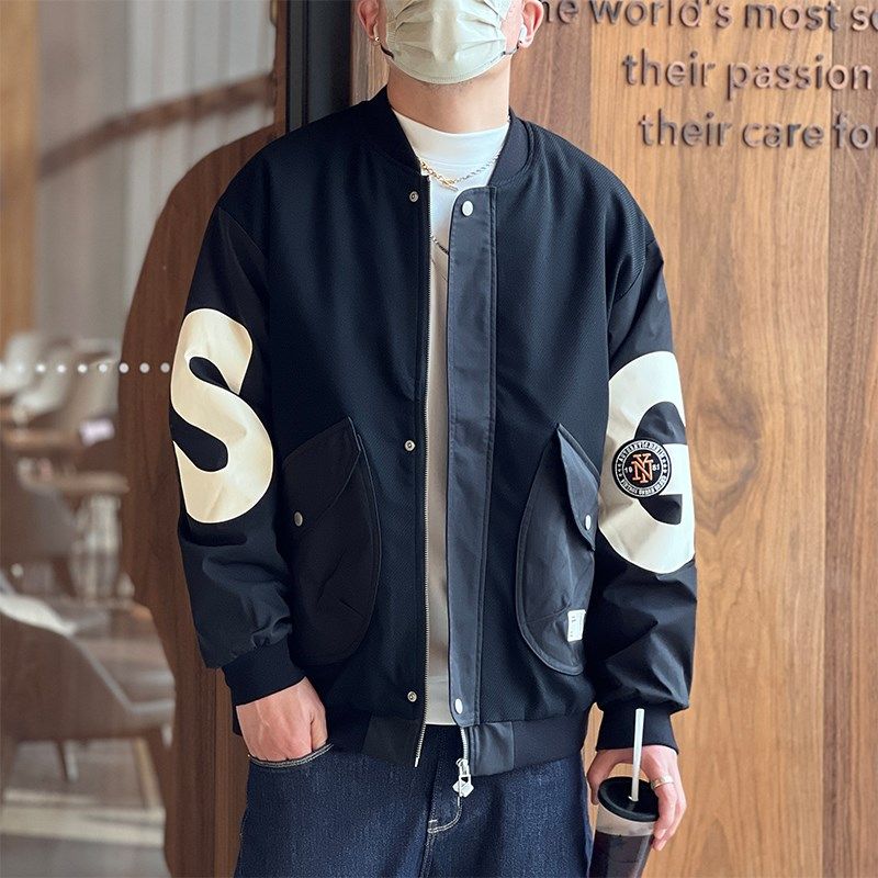 美式休闲设计感拼料棉衣男春秋季潮牌重工棉服棒球领街头夹克外套