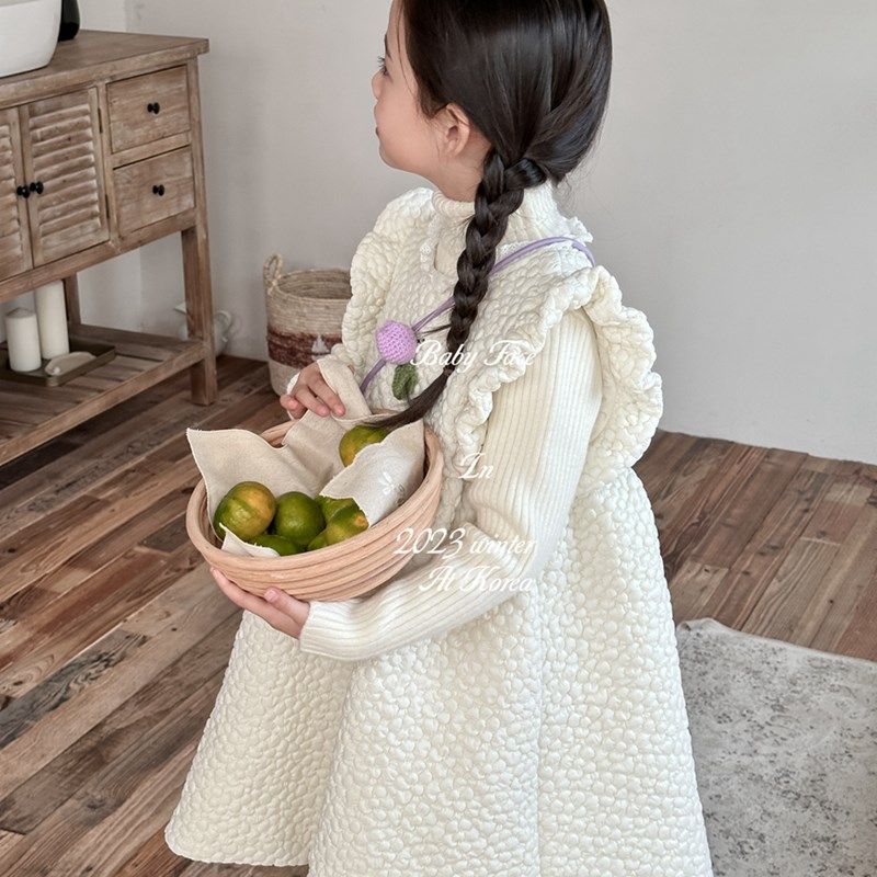 韩版时髦裙子2023秋冬款女童高领针织毛衣夹棉加厚背心式洋装潮