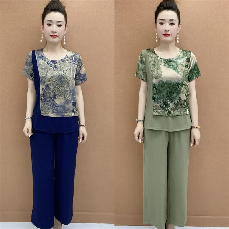 夏季中老年妈妈真丝缎短袖国风宽松上衣高腰九分阔腿裤两件套装女