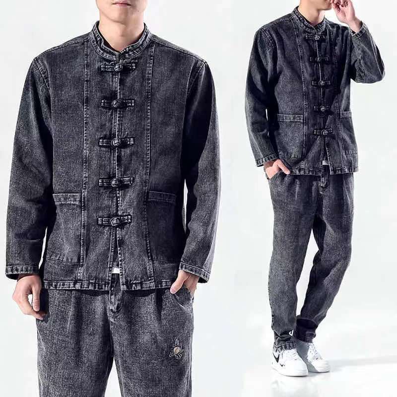 唐装男春秋款套装牛仔外套休闲百搭中国风夹克复古汉服中山装长袖