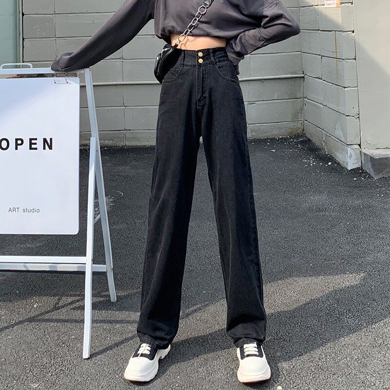 高腰阔腿牛仔裤女破洞2024年春秋季新款直筒宽松垂感拖地黑色加绒