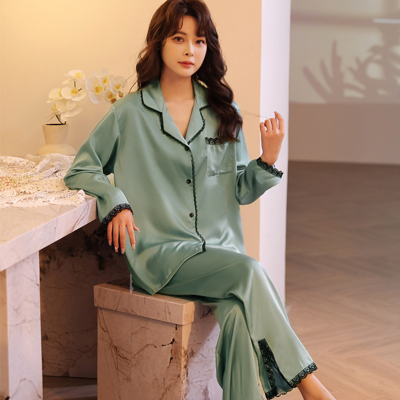 春秋胖妹妹家居服套装加肥加大码女夏开衫长袖长裤200斤冰丝睡衣