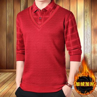 中年男装加绒加厚衬衫毛衣中老年人爸爸装本命年大红色假两件外套