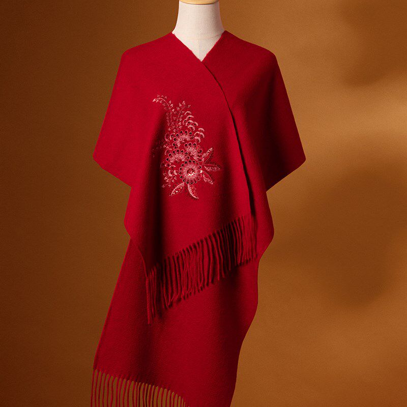 红色刺绣围巾女式秋冬保暖送妈妈喜婆婆婚礼礼服旗袍外搭羊毛披肩