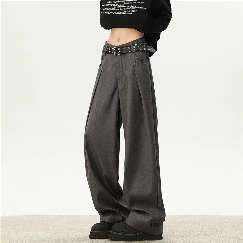 高级感褶皱灰色西装阔腿裤男夏季街头宽松设计感直筒弯刀休闲裤子