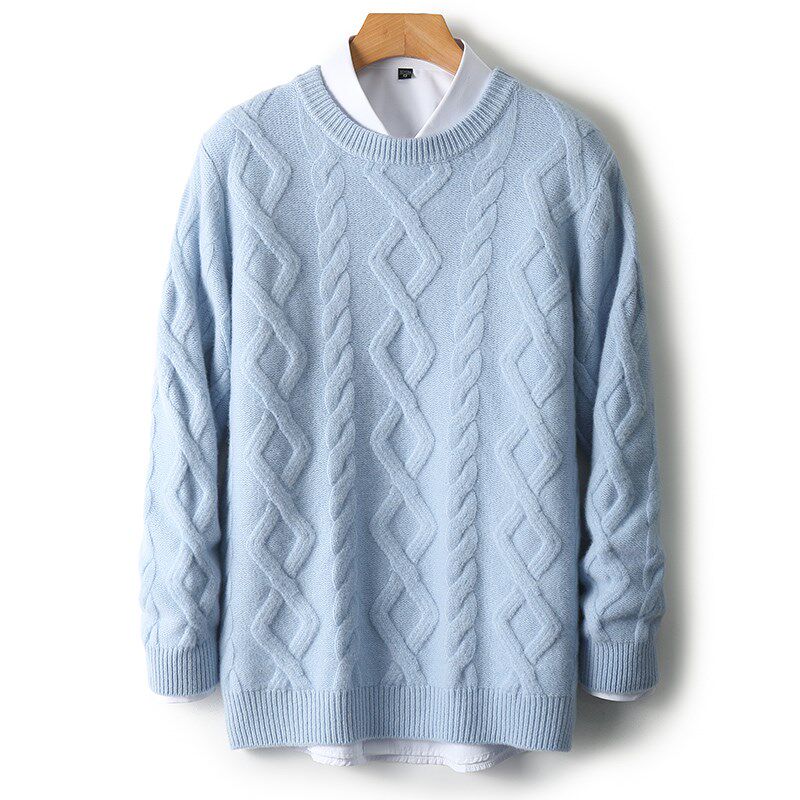 秋冬100纯羊绒衫男圆领加厚扭花针织毛衣宽松大码休闲羊毛打底衫