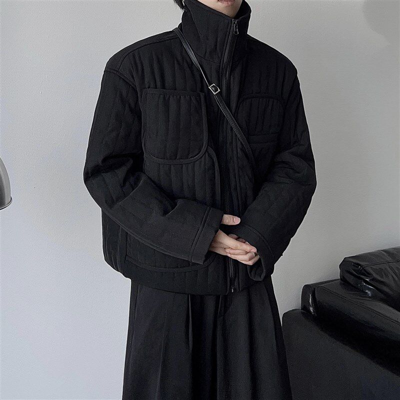 暗黑廓形夹棉立领短款薄款棉服宽松设计感男女休闲拉链棉衣外套潮