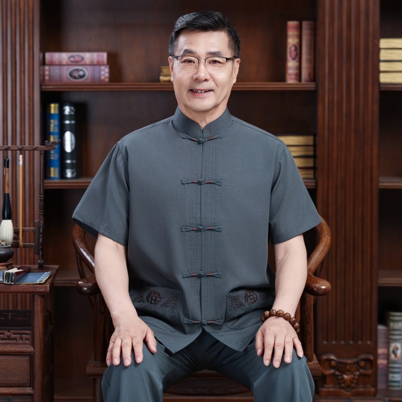 爸爸夏装短袖衬衫中老年人唐装男套装中国风大码爷爷薄款棉麻衣服