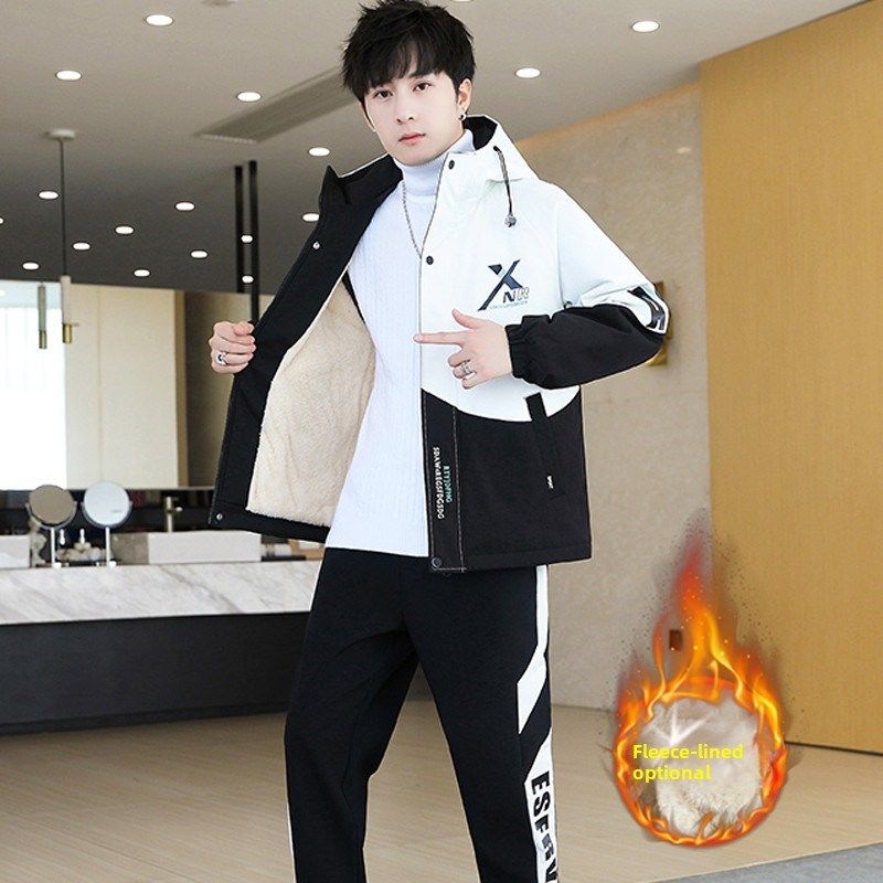 长毛绒夹克男子西装秋冬新连帽上衣青年休闲运动工作服两件套