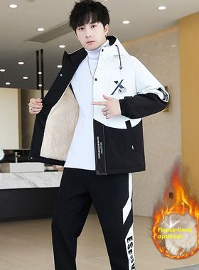 长毛绒夹克男子西装秋冬新连帽上衣青年休闲运动工作服两件套