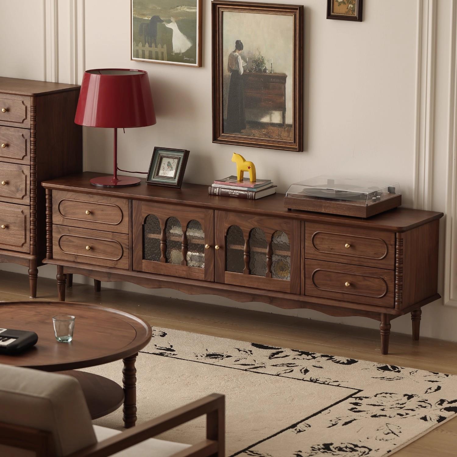 北美黑胡桃木电视柜法式覆古实木客厅家用收纳储物电视机柜厂家销