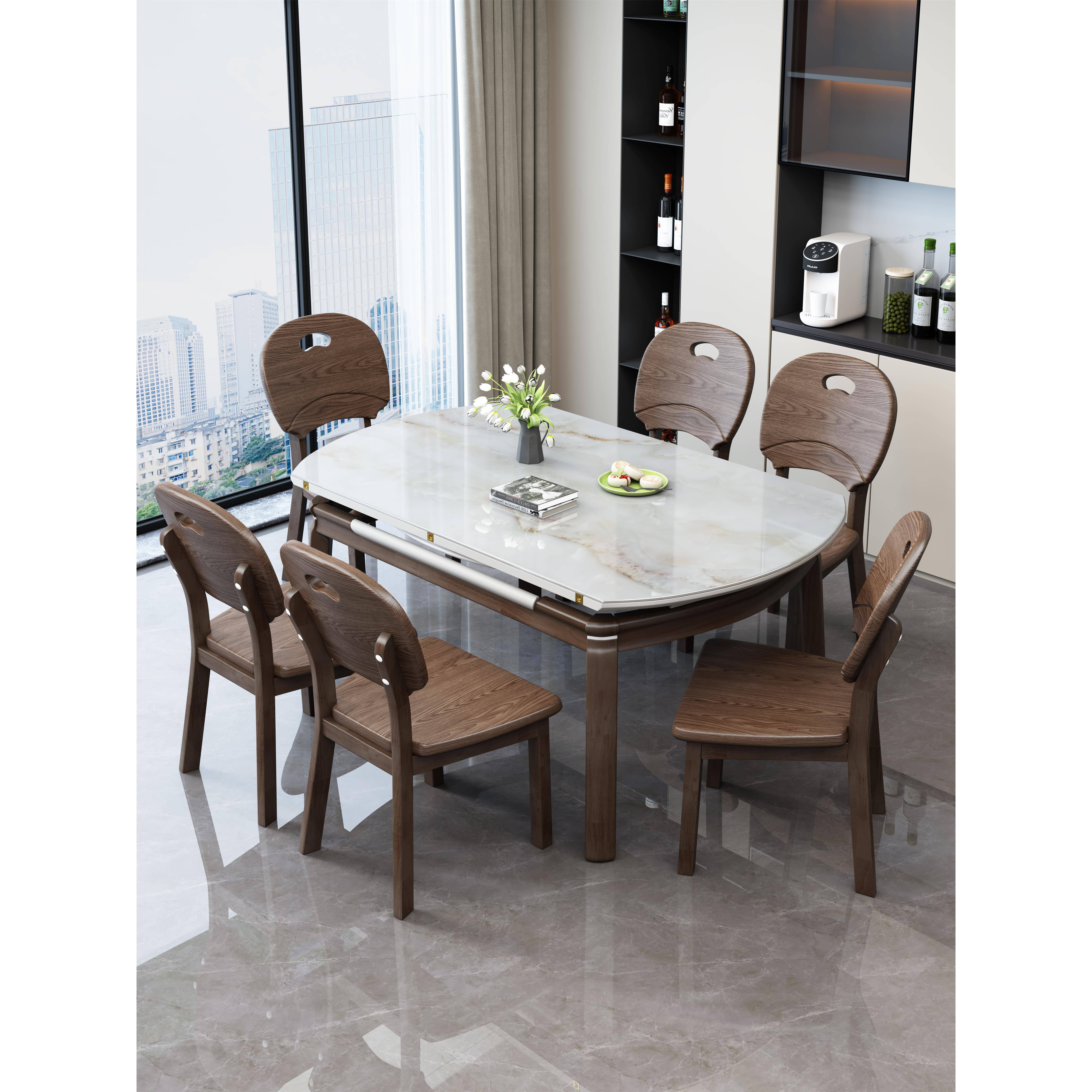 高端微晶石餐桌家用可变圆桌现代简约大理石可伸缩圆形实木桌