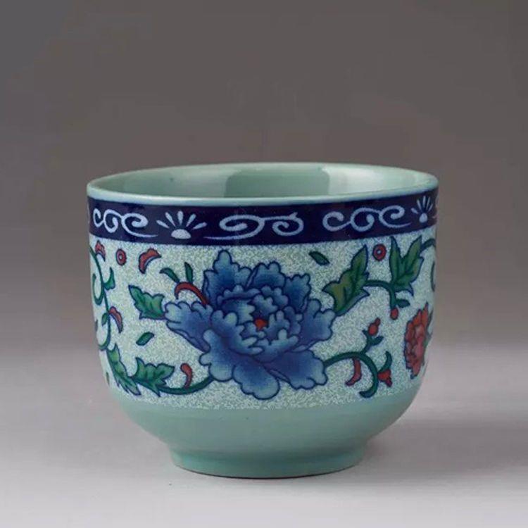 小茶杯江中杯酒杯青瓷青花瓷牡丹覆古中国酒店餐厅陶瓷茶杯茶具
