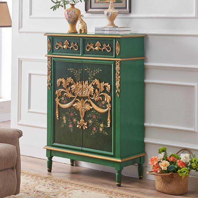 金色祖母绿美式实木鞋柜家用门口鞋架客厅高档复古彩绘装饰柜储物,住宅家具,鞋柜,淘宝优惠券,粉丝福利购,淘宝优惠卷