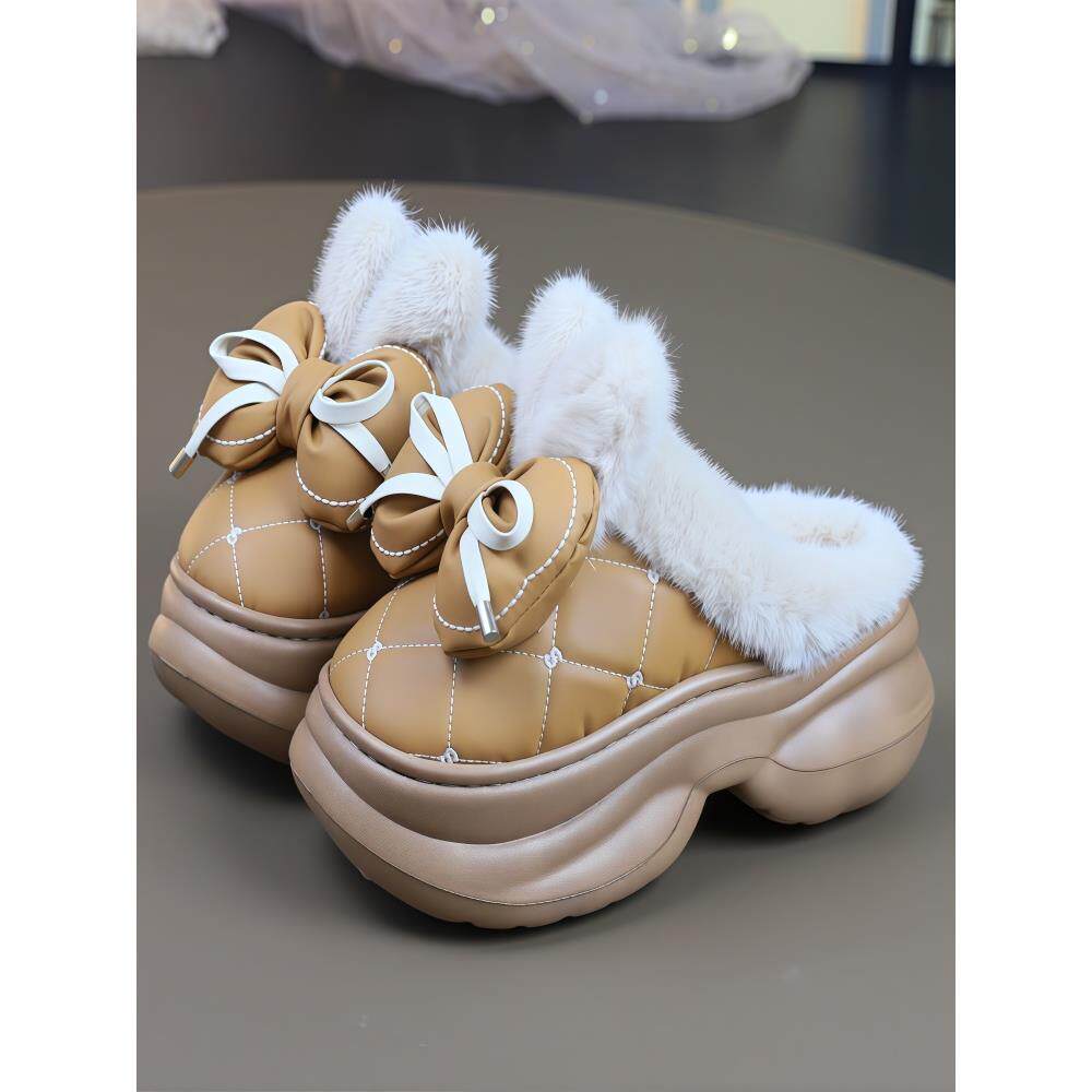 棉拖鞋女款冬季可爱蝴蝶结PU皮防水厚底防滑加绒保暖居家包头棉鞋