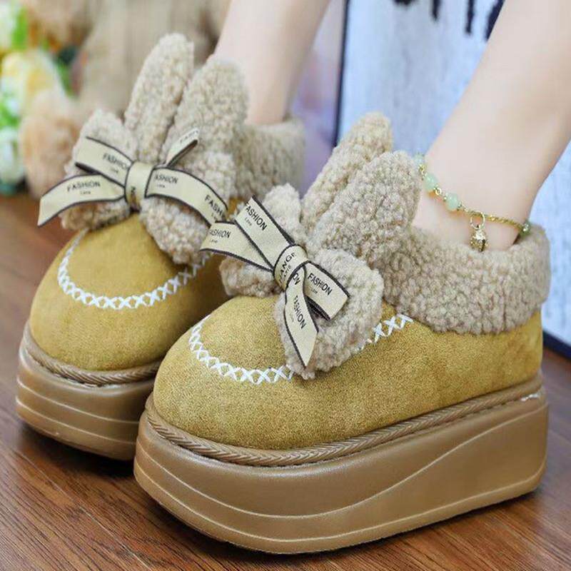 棉鞋女冬时尚蝴蝶结居家包跟毛绒高跟月子鞋防滑外穿保暖厚底棉鞋
