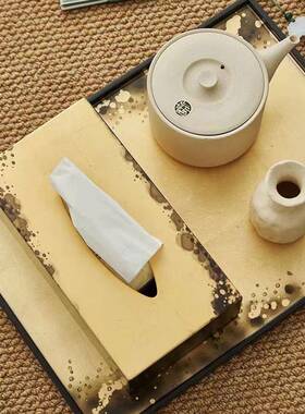 越南进口新中式黑色金箔漆面长方形托 托盘纸巾盒摆件样板间茶几