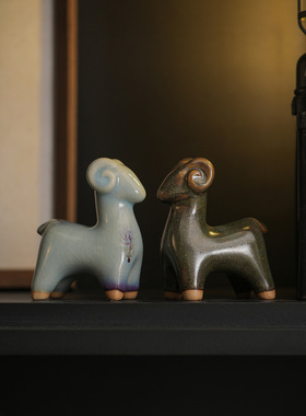 稀缺质感钧窑陶瓷生肖羊摆件家居客厅书房办公室桌面装饰特色茶宠