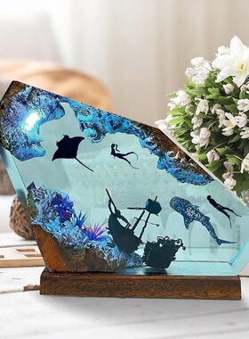 稀缺质感鲸鲨蝠鲼潜水员夜灯海洋树脂木灯设计圣诞独特礼物家居装