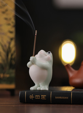 稀缺质感可爱卡通青蛙香插桌面摆件客厅玄关办公室创意陶瓷线香香