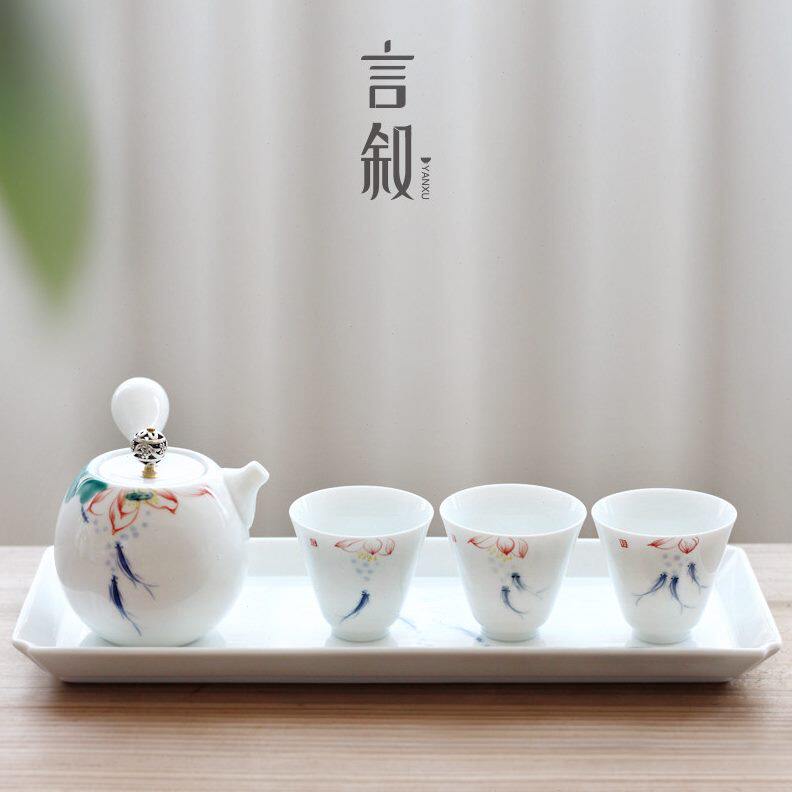 甄选6B76一壶三杯白瓷功夫茶具小型套装陶瓷茶盘茶壶女士轻奢一个