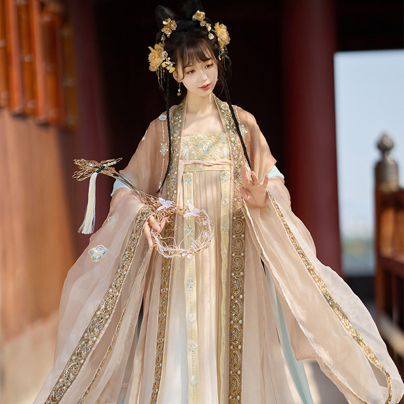 原创汉服女古装唐制中国风双层大袖衫齐胸裙斗篷日常款超仙套装春