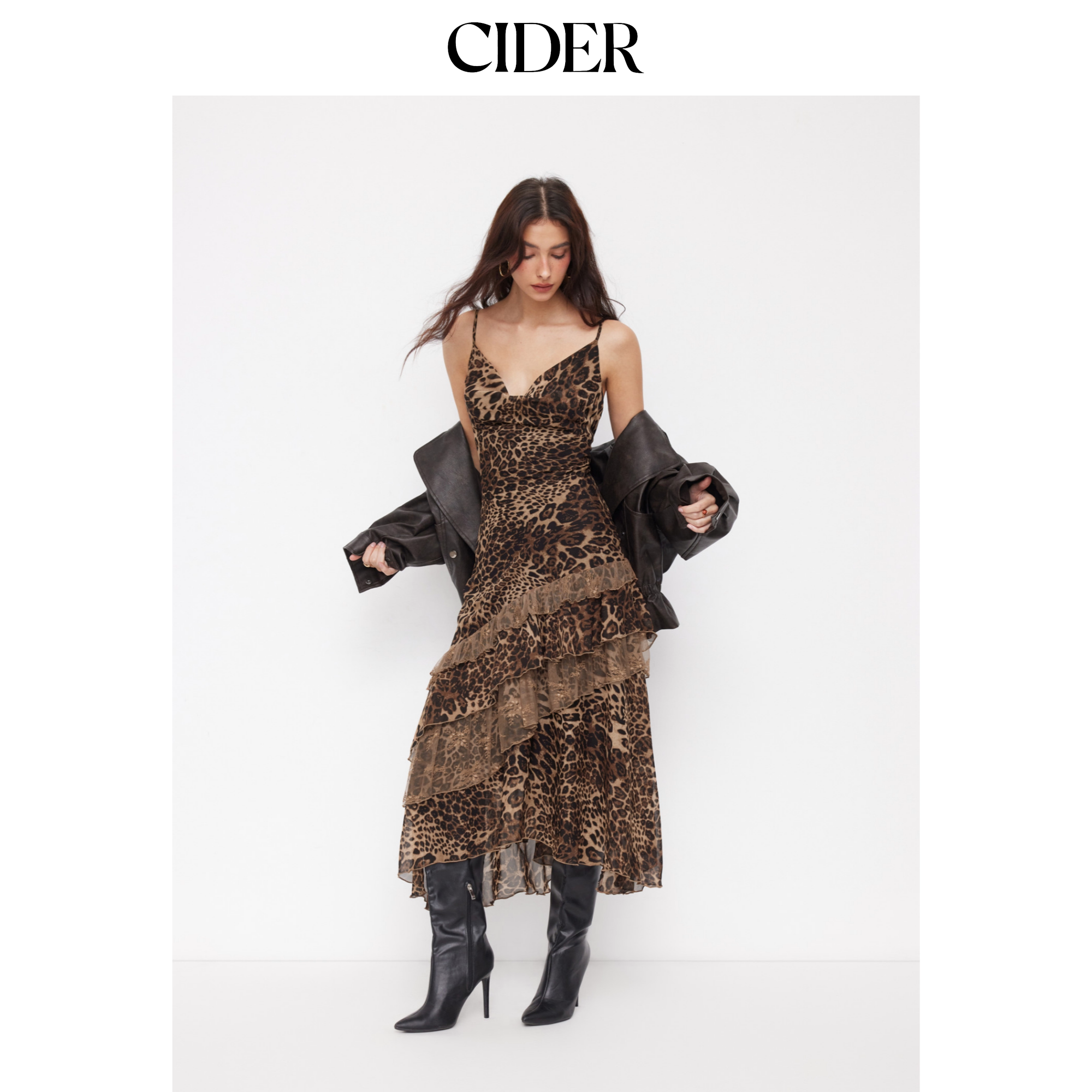 CIDER美式豹纹荡领荷叶边不对称长款吊带裙115087850图片
