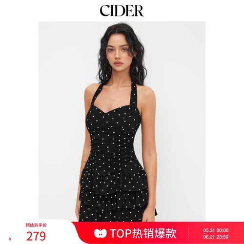 CIDER美式棉质挂脖波点裙褶皱层叠迷你吊带连衣裙114668840