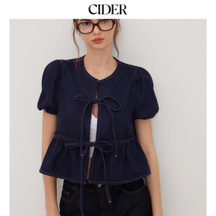 牛仔衣显瘦蝴蝶结泡泡袖 明星同款 CIDER美式 114498674 宽松衬衫
