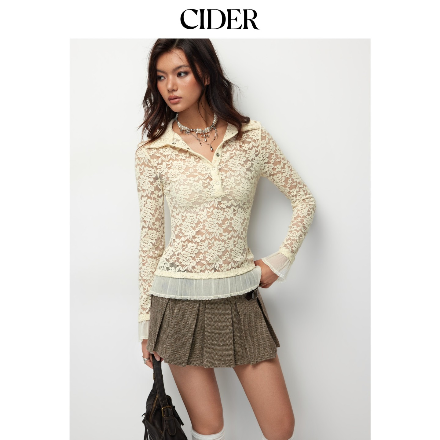 CIDER美式夏季女装碎花蕾丝翻领透视白色灯笼袖上衣114782549