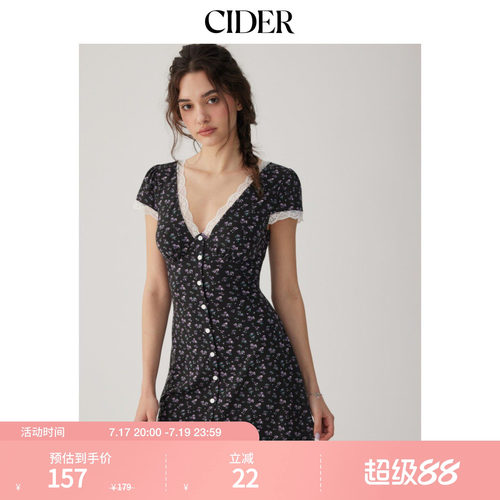 CIDER2026春季新品碎花V领蕾丝边高腰A字迷你连衣裙115285474