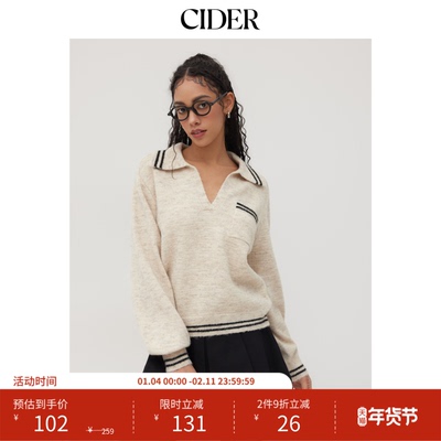 CIDER 春秋新品女装羊毛翻领条纹镶边宽松毛衣114075170