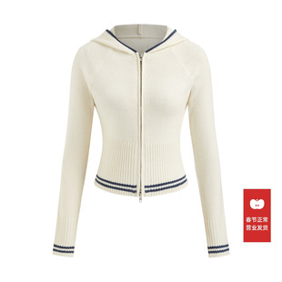 CIDER春秋女装撞色镶边针织连帽长袖拉链开衫114764727