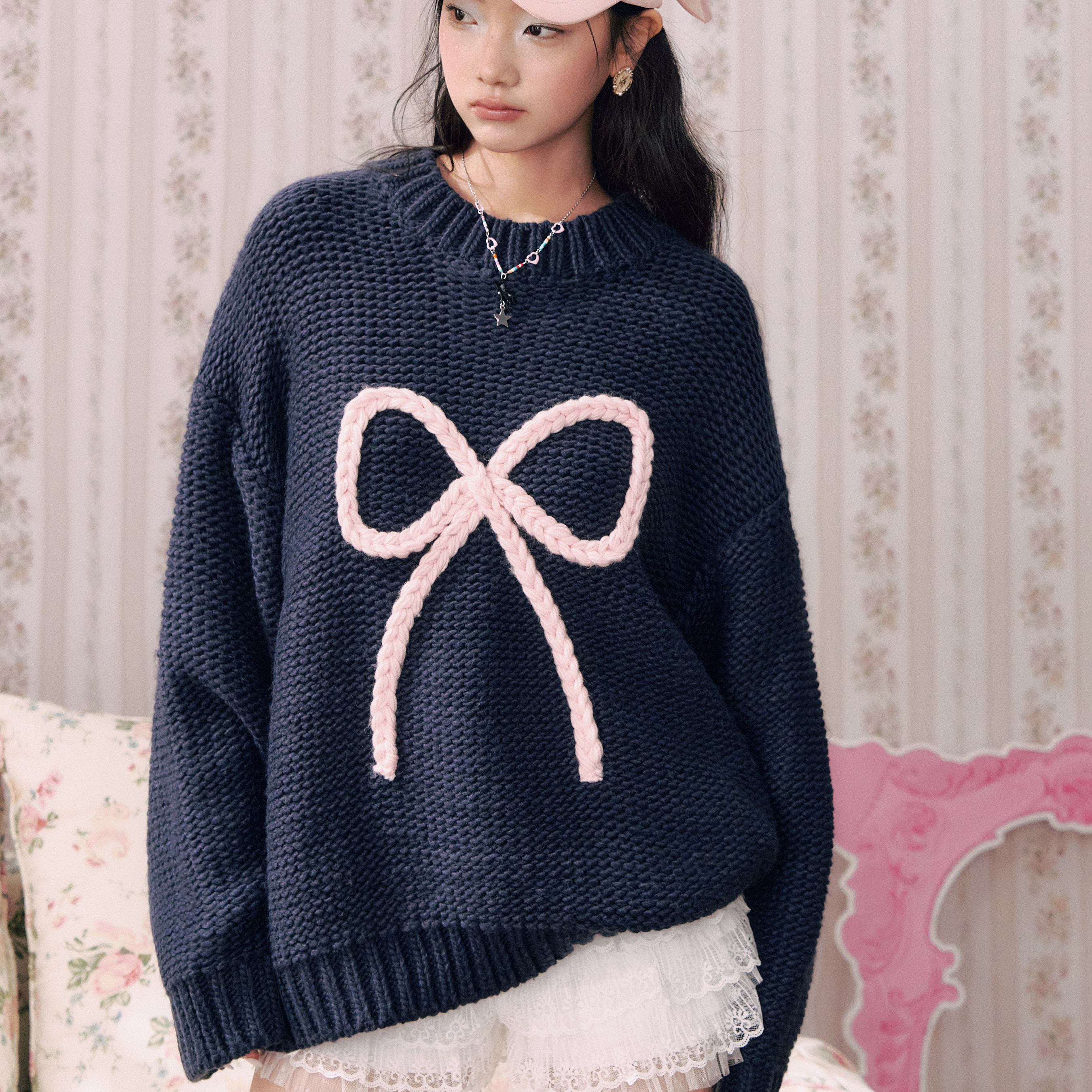 【明星同款】CIDER可爱风毛衣针织圆领蝴蝶结宽松长袖女114841192