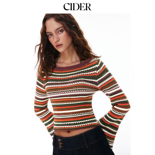 CIDER2026秋季新品针织棉混纺条纹肌理船领喇叭袖上衣115647510